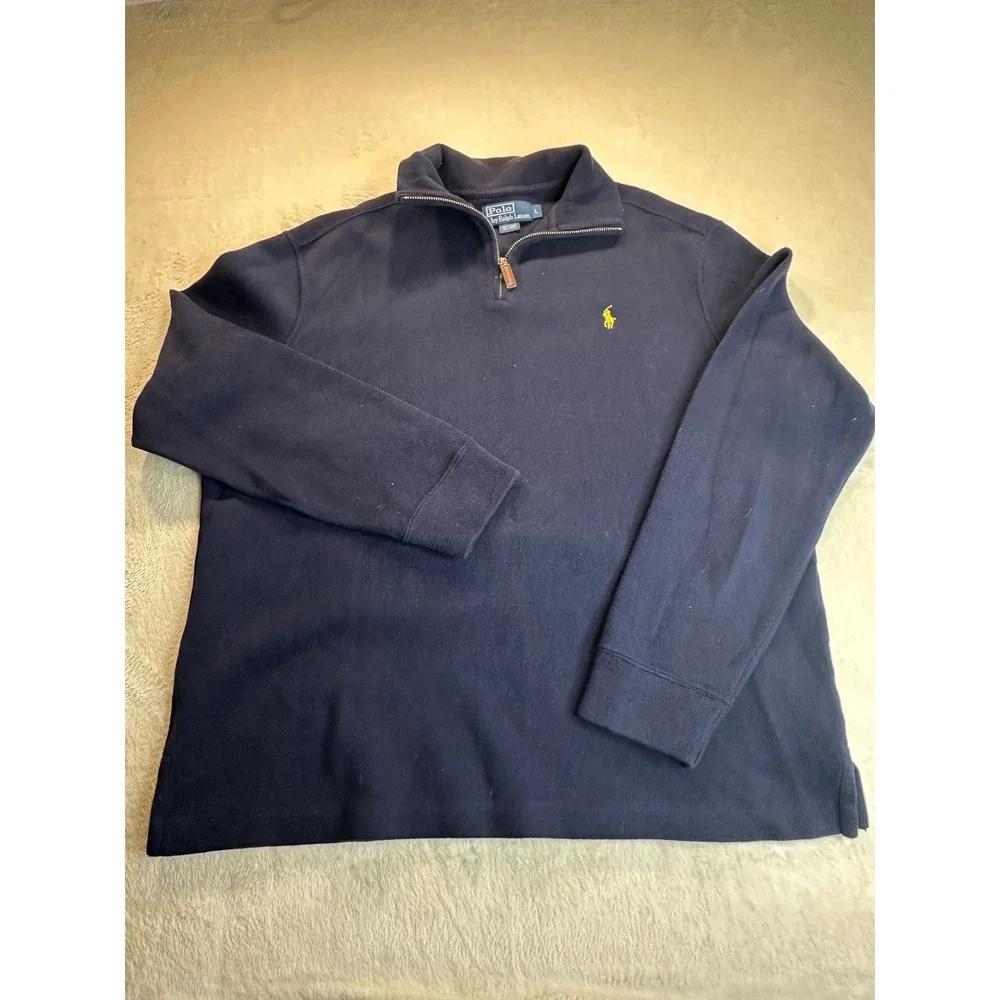 Polo Ralph Lauren Mens Navy Blue 100% Cotton Quarter Zip Pullover Sweater Large